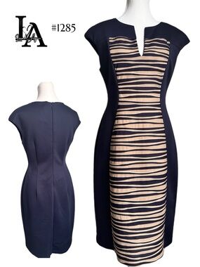 Connected Navy and Beige Striped Sheath Dress